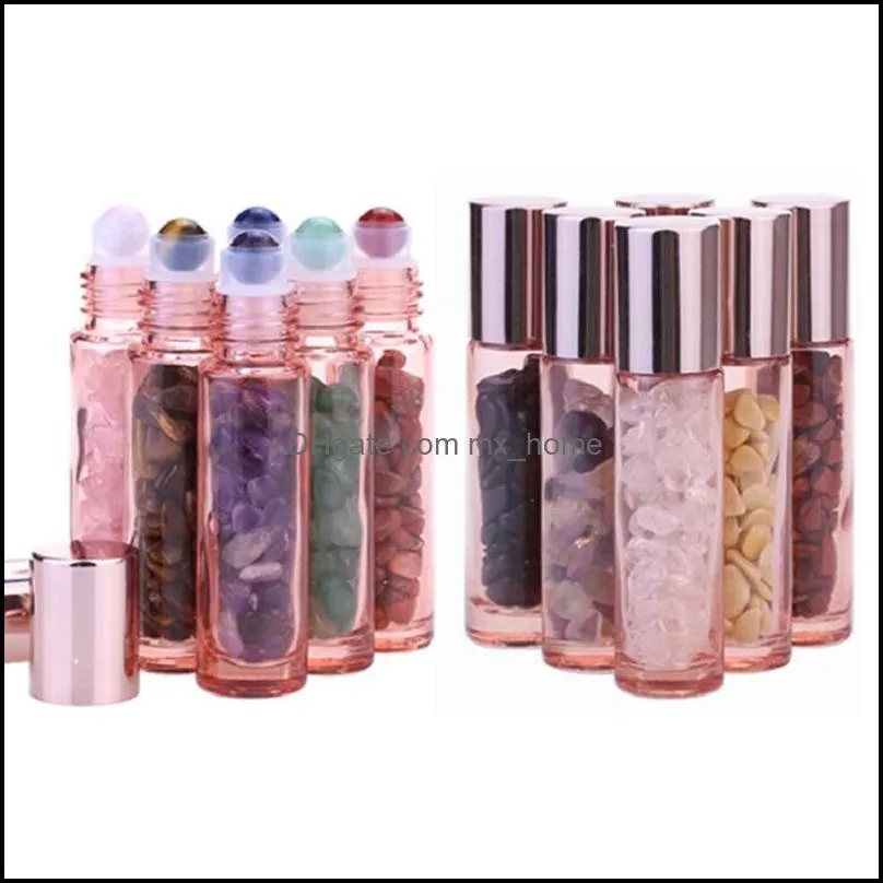 10ml Essential oil perfume bottles Rose Gold glass Roll On bottle with crushed Natural Crystal Quartz, Crystal roller ball Rose Gold