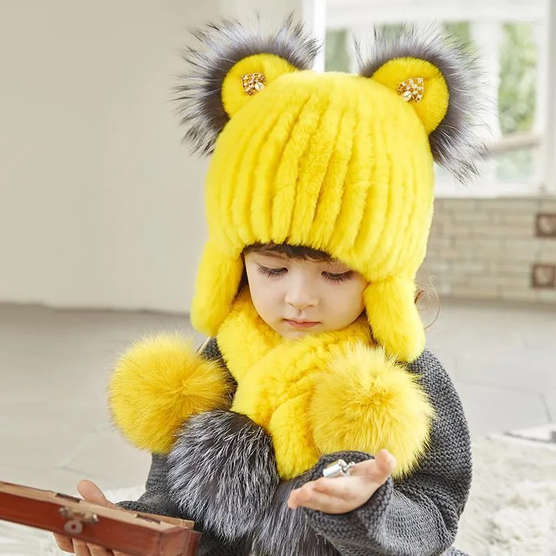 Beanie/Skull Caps Children's Hat And Scarves Suit Winter Thickening Warm Earmuffs Rex Fur Hats Cute Female Baby Davi22