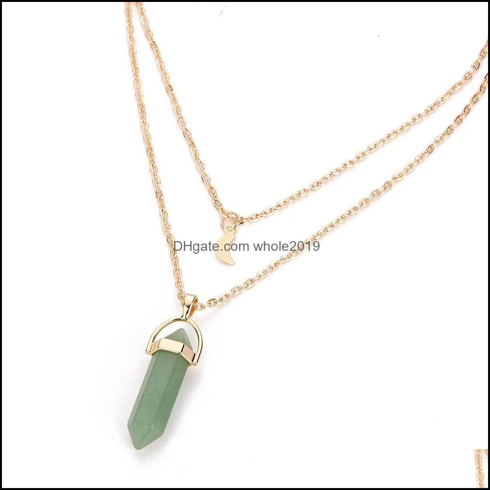 fashion gold palted multilayer lucky energy crystal hexagonal prism bullet natural stone moon quartz druzy necklace for women jewelry