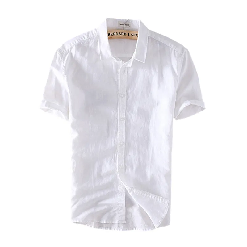 Bomullslinne skjortor för män avslappnade korta ärmstoppar överdimensionerade massivt vita vändkrage tee manliga sommarlovskläder 220505