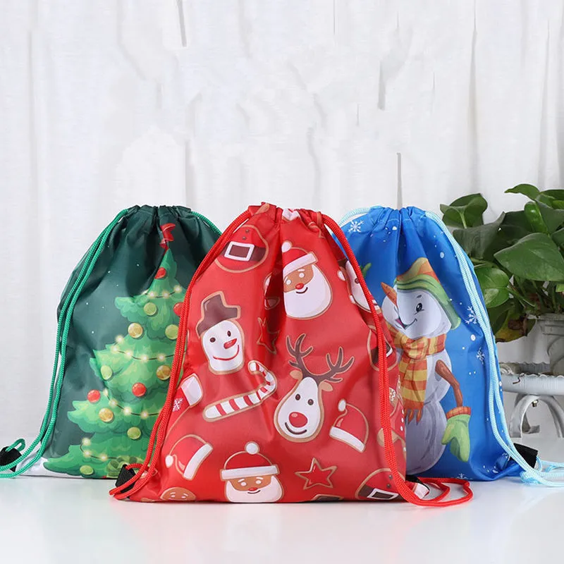 Weihnachten Kordelzug Tasche Weihnachten Weihnachtsmann Schneemann Elch Baum Bedruckte Sling Aufbewahrungstaschen Polyster Rucksäcke Cartoon Schultasche Jungen Mädchen Bundle Pocket INS