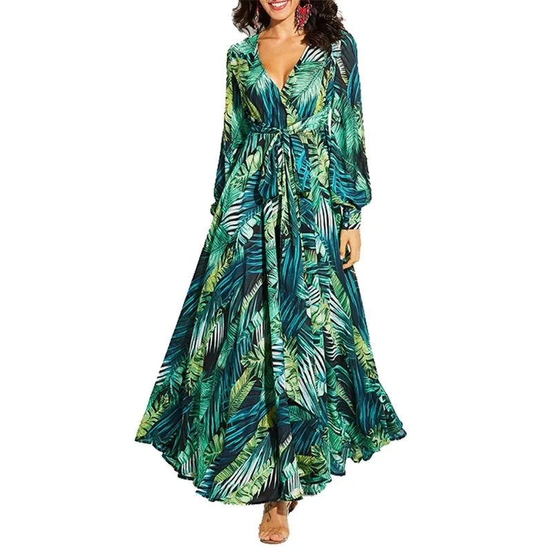 Aecu vestido floral impressão boho maxi vestido sexy senhora boêmio outono vestido longo mulheres vestidos de praia feminino vestes vestidos de festa 220531