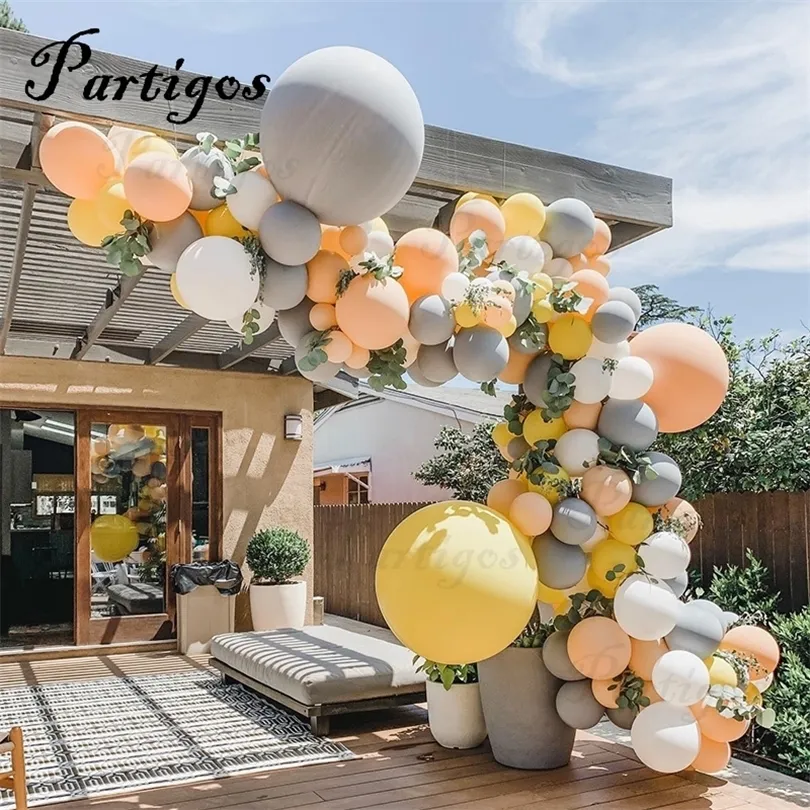 130PCS Macaron Balloon Arch Garland 10 "-36" szary żółty balon z sztucznym liściem na wesele urodziny Dekoracja imprez T200526