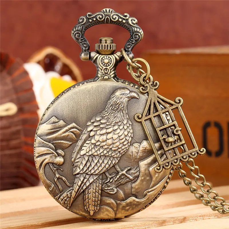 Steampunk Carved 3D Bird Design Watches Unisex Retro Quartz Pocket Watch Arabic Number 80CM Necklace Chain Gift to Kid