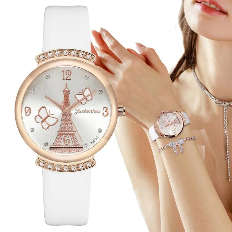 Montres-bracelets Petite Tour De Fer Frais Diamant Clouté Conception Mode Femmes Montres De Luxe Montre À Quartz Dames En Cuir Femme HorlogeMontres-Bracelets