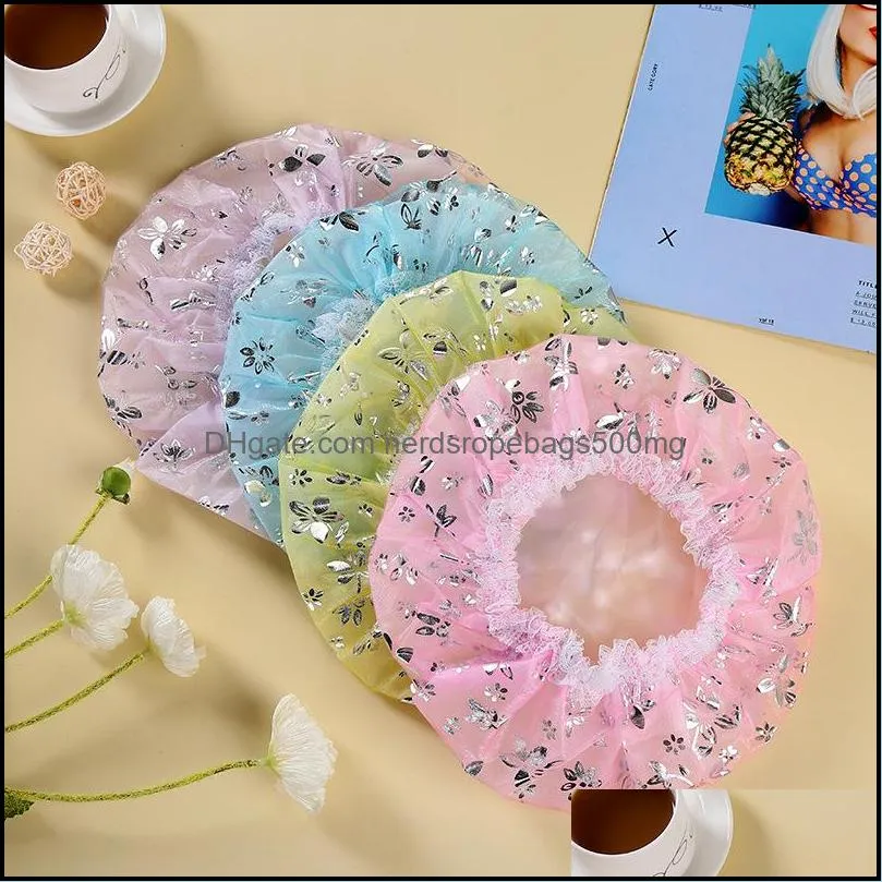 Fashion Hot Stamping Shower Cap Rose Gauze Net Multi Colours Double Layer Resuable Caps Cover Hair Bath Hat Hot Sale 1 7qt L2