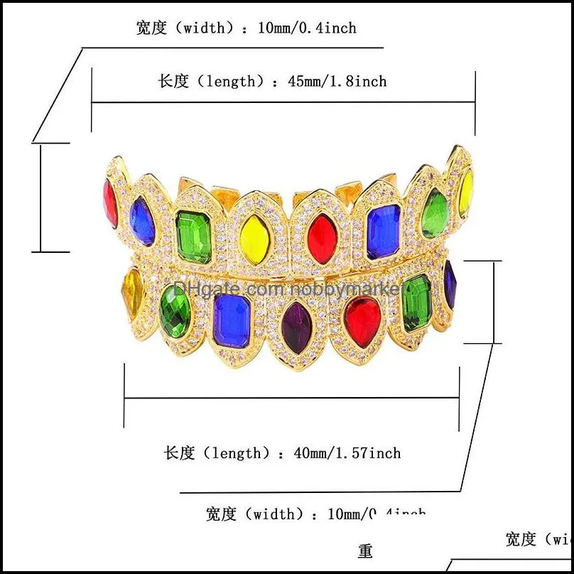 Fashion Hip Hop Jewelry Rapper Natural Stone Paved Bling Iced Teeth Grillzs Top Bottom Set Flat Dental Grills for Men Women