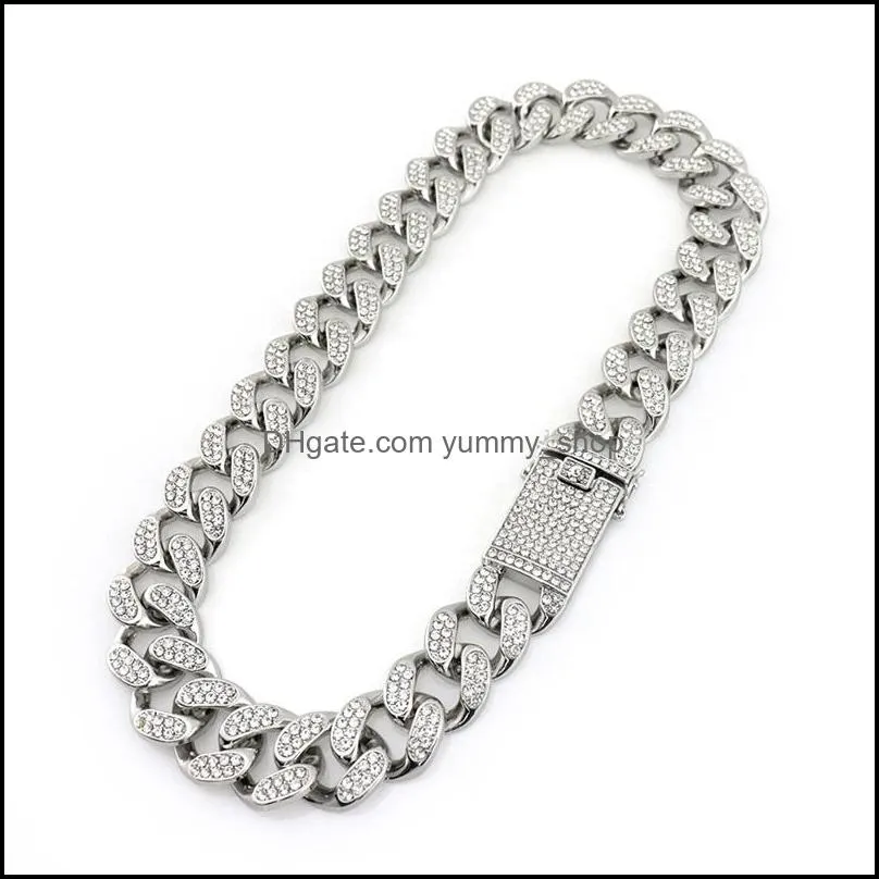 Heavy Cubic Zirconia Miami Men`s Cuban Chain Necklace with Bracelet Necklace Set Gold Silver 20mm Big Choker Hip hop Jewelry 74 K2