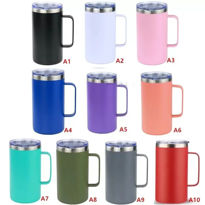 24oz Coffee Mug Stainless Steel Ice Beer Cups Double Wall Vacuum Insulated Camping Travel Tumbler Cup With Handle & Closed Spill Proof Lids sxa17