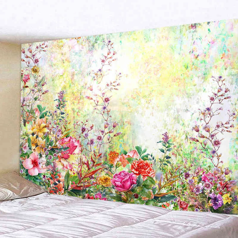 Alfombra de pared con pintura al óleo de flores y pájaros, decoración bohemia para alfombras de dormitorio, arte de habitación de fotos J220804