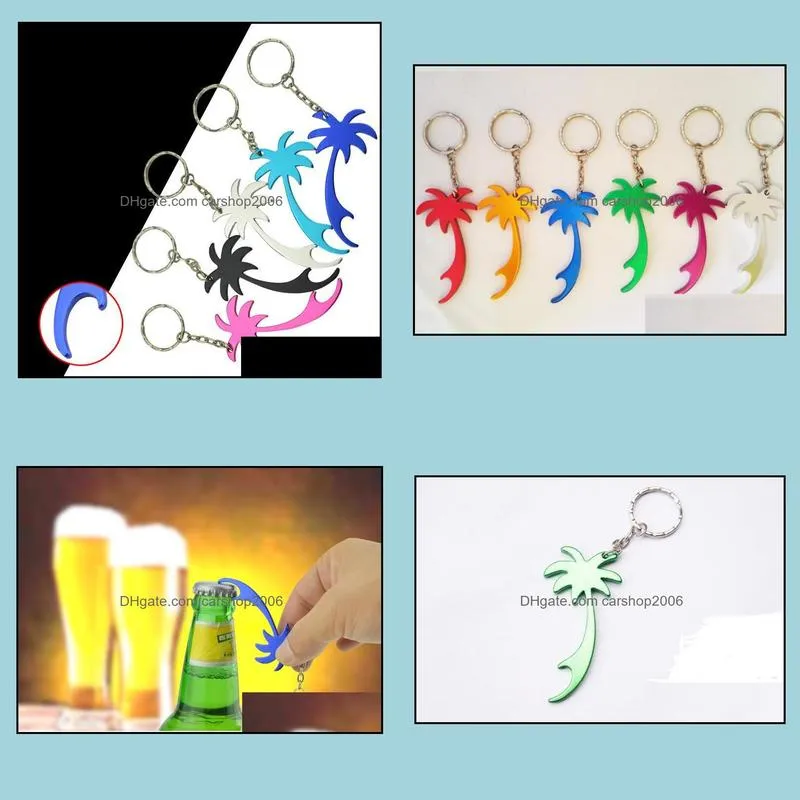 hot sale multi color palm tree shape keychains beer soda can bottle opener key ring household kitchen tool sn2282