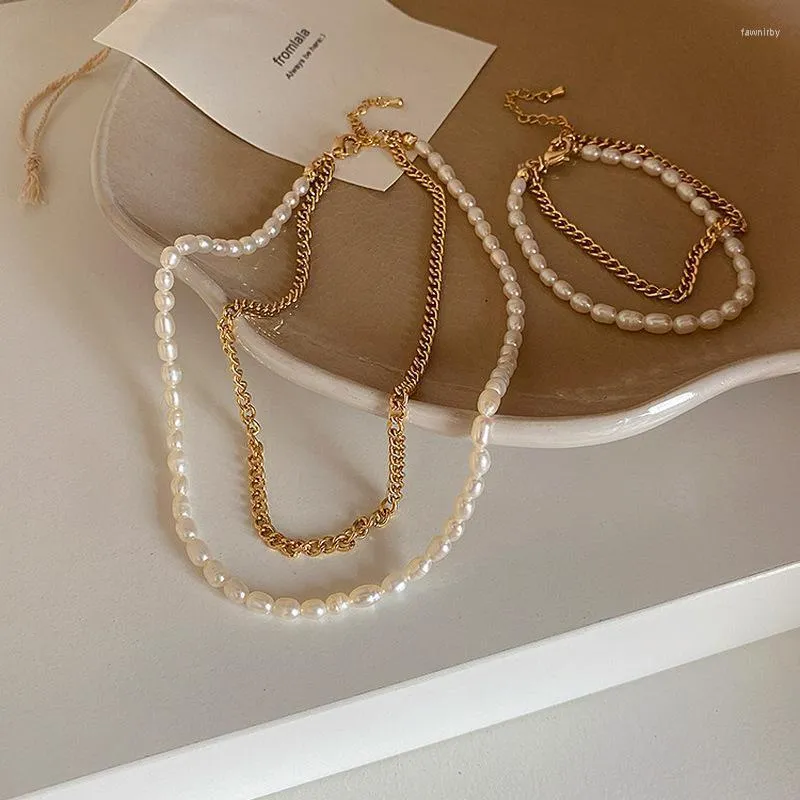 Link Chain Allme French Vintage Natural Freshwater Pearl Armband för kvinnor Guldfärg chunky dubbla lager armband smycken fawn22