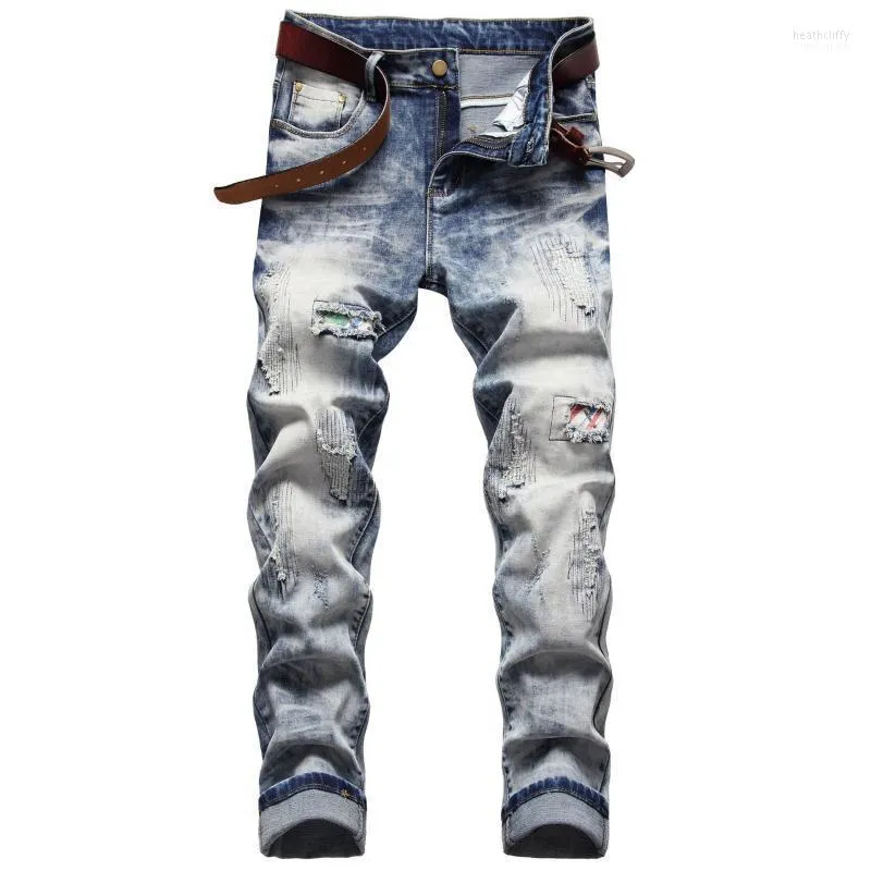 Mäns jeans män rippade smala fit stretch denim byxor god kvalitet bomullshål plus storlek elastiska streetwear byxor 42 värme22