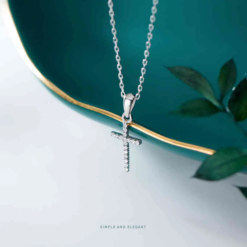 Modian Bländande Zircon Luxury Cross Pendant Real 925 Sterling Silver för Kvinnor Länkkedja Halsband Mode Smycken