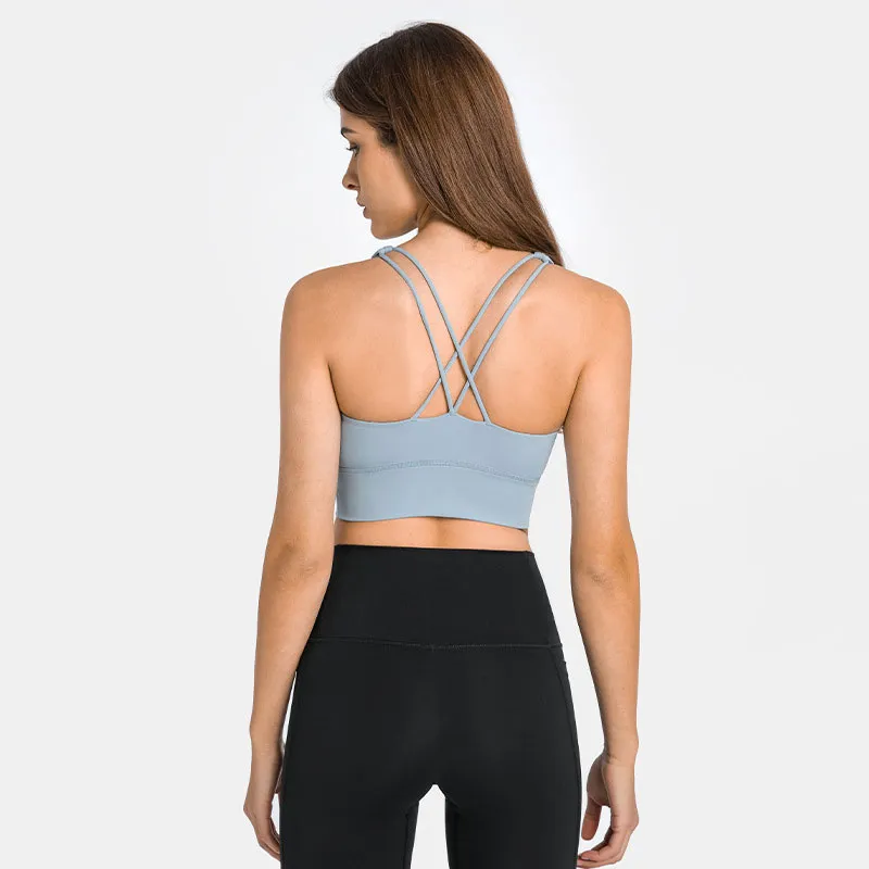 L-004 Çift Çapraz İnce Sapanlar Darbeye Dayanıklı Spor Sütyenleri Yoga Yeleği Yumuşak Tank Tops Çıkarılabilir Bardaklar ile Nefes Alabilir Genişletilmiş Hem Kadın İç Çamaşırı Toplayın