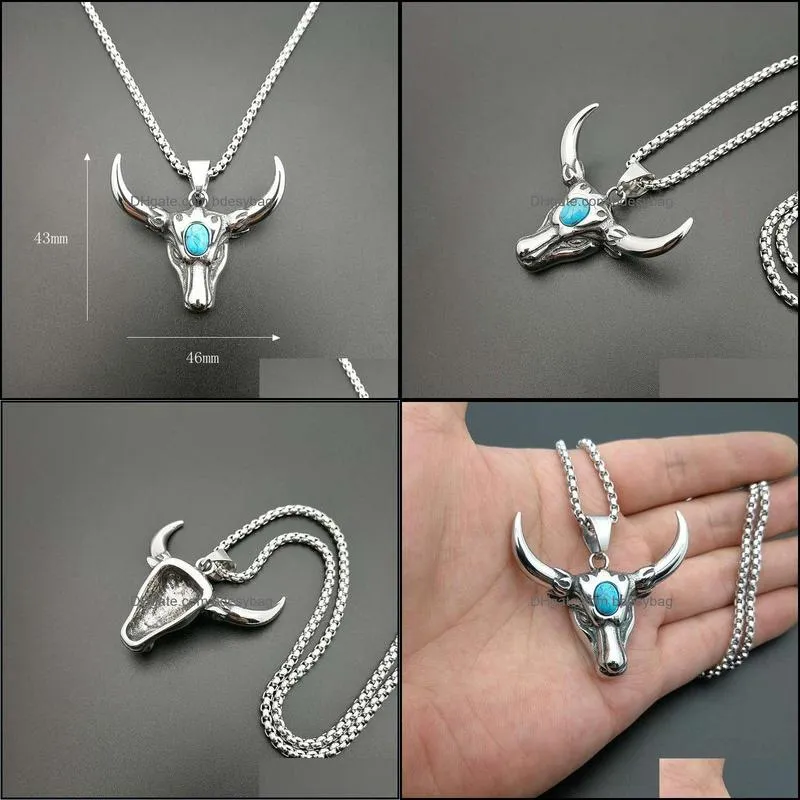 Pendant Necklaces Punk Retro Stainless Steel Turquoises Tau Bull Head Pendants For Men Rock Jewelry Drop