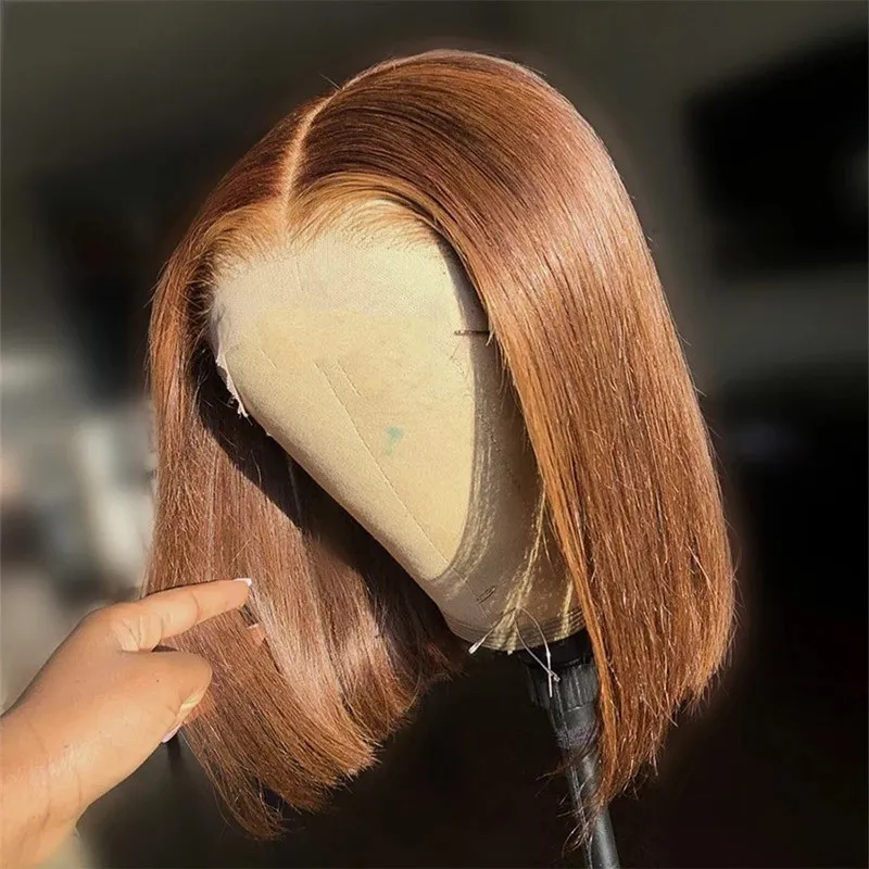 Short Bob Colored Human Hair Wigs Honey Brown Straight Wig with HD Transparent Lace