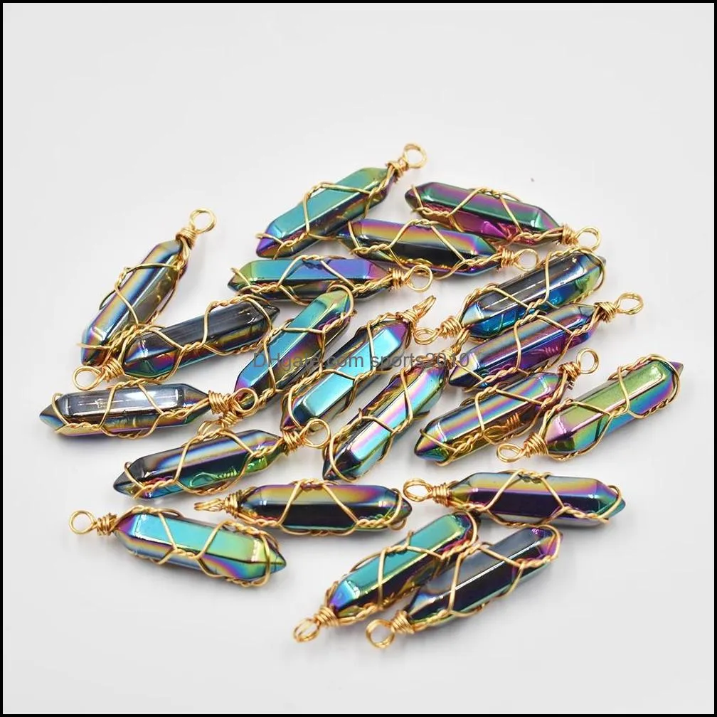 gold wire colorful stone charms hexagonal healing reiki point pendants for jewelry making
