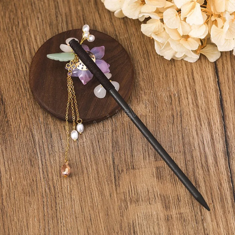 2 Pieces Chinese Japanese Style Hair Sticks Flower Wooden Hair Chopsticks  Retro Flower Decor with Tassel