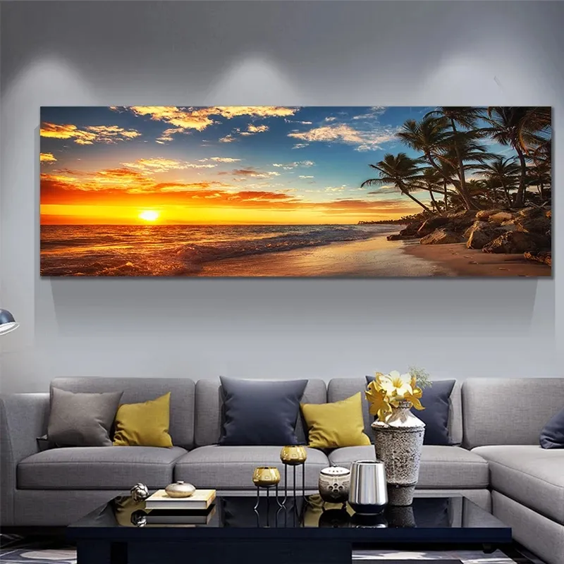 Modern Beach Wall Art For Bedroom  Sunset Beach Painting Canvas Print