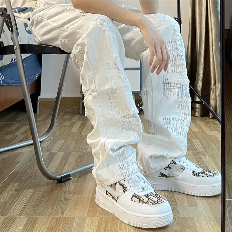 Men's Jeans Hole Knife Cut Loose Straight Wide-legged White Spring And Autumn Hip-hop Trousers Men's Women's Tide Mens JeansMen's