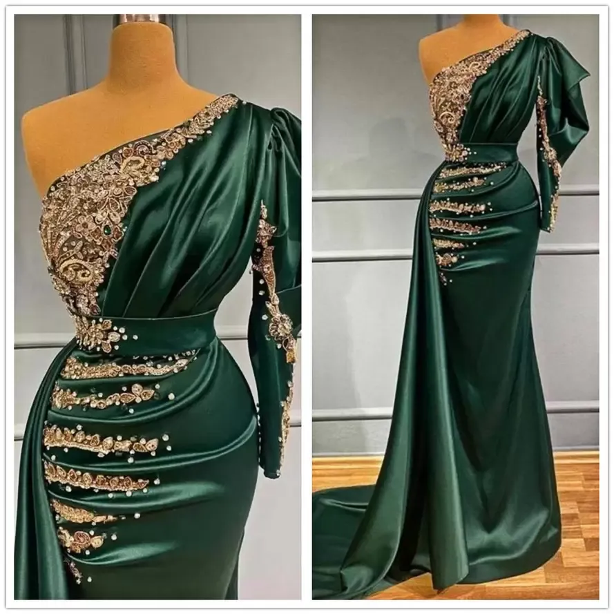 Dark Green Long Sleeves Evening Dresses One Shoulder Mermaid Floor Length Custom Made Beaded Lace Applique Plus Size Prom Party Gown Vestidos Formal Ocn