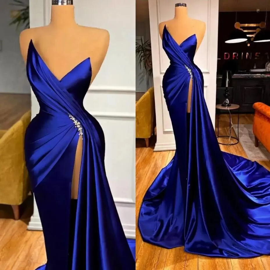 2022 Royal Blue Satin Evening Dresses Crystal High Side Split Satin Mermaid Prom Dress Custom Made Formal Celebrity Suknie 0413