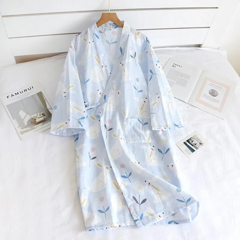 Kvinnors sömnkläder Kvinnor Dressing Gown Cotton Kimono Pyjama Woman Robe Three Quarter Home Wear Gaze Print Bathrob Sexi Sleepwearwomen's
