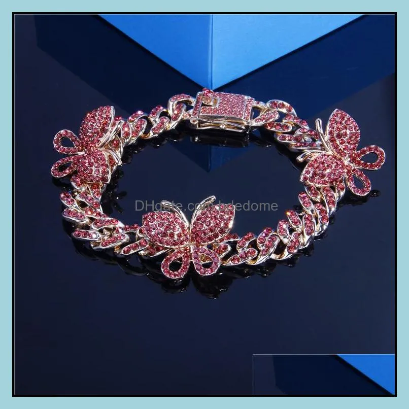 Iced Out Diamond Women Body Chain Jewelry Rhinestone Cuban Link Anklets Gold Silver Pink Butterfly Bracelets