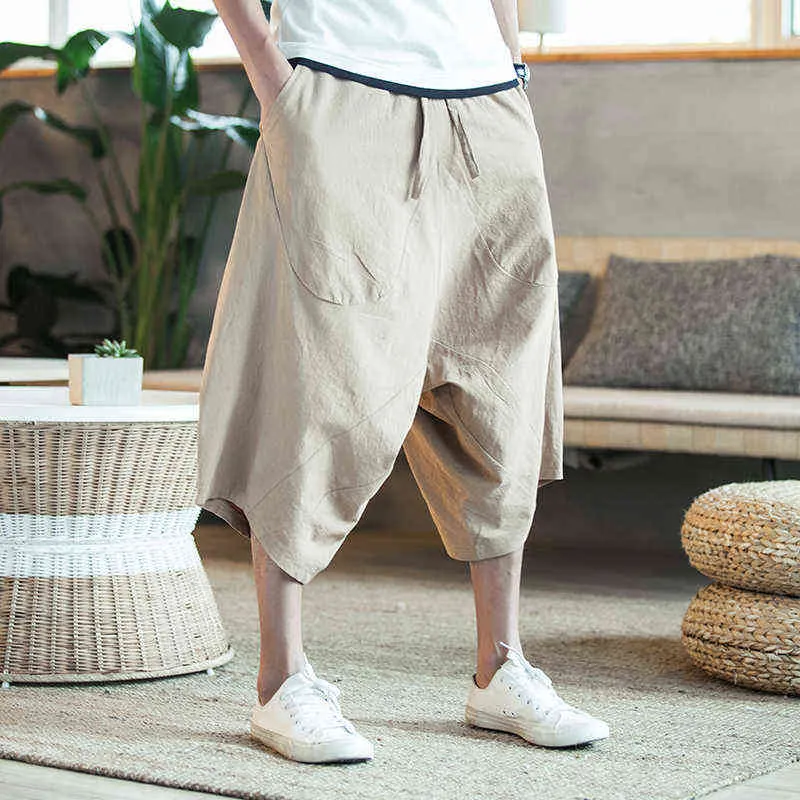 Men Harajuku Harem Pants 2022 Mens Summer Cotton Linen Joggers Pants Male Vintage Chinese Style Soild Color Calf-lenght Trousers L220706