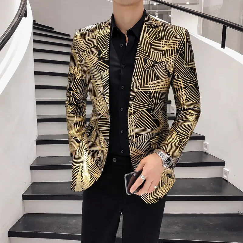 Lente Heren Blazer Luxe Gold Stripe Print Blazer Mannen Slanke Business Casual Blazer Nightclub Singer Prom Jacket Plus Size M-5XL 220409