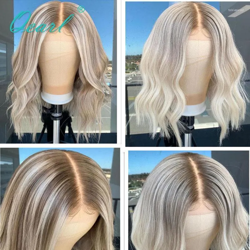 Spetsar Wigs Women's Human Hair Short Bob Part Frontal Wig Ombre Ash Blonde Grey Highlights 13x1 Wavy Virgin 150% Qearl Tobi22