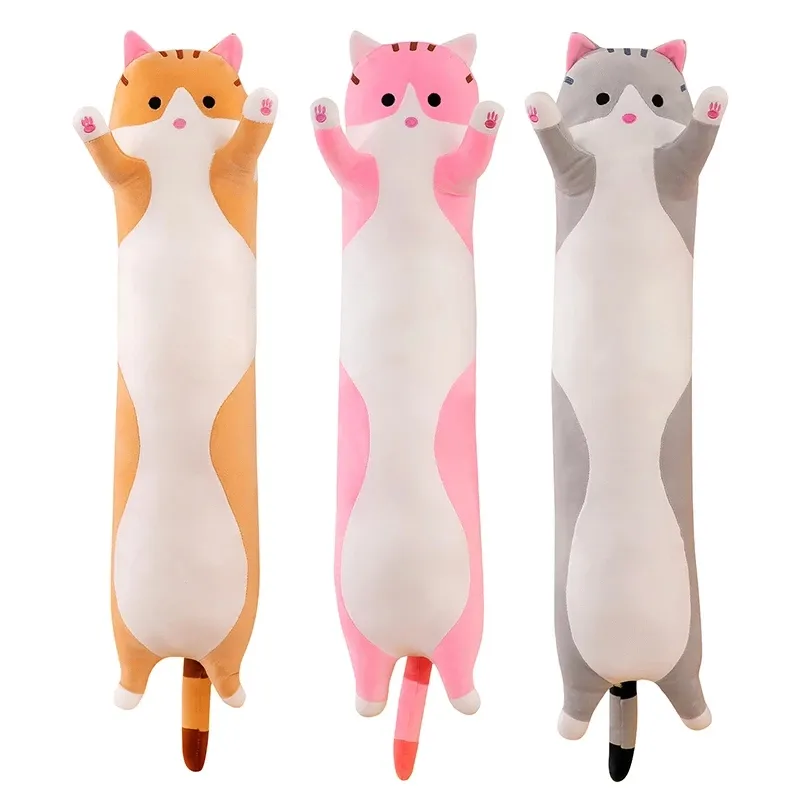 Cute 50cm Long Cats Toys Elastic Stuffed Plush Squishy Cat Cushion Pillow Cuddly Buddy Brown Pink Grey Wholesale LA491