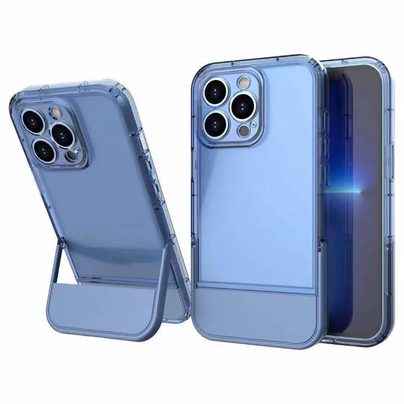 Invisible Standstand Bracket Telefoonhoesjes voor iPhone 13 12 11 Pro X XS XR Max 7 8 Plus Beschermende transparante Case Soft TPU PC Cover Shockproof Nieuw ontwerp