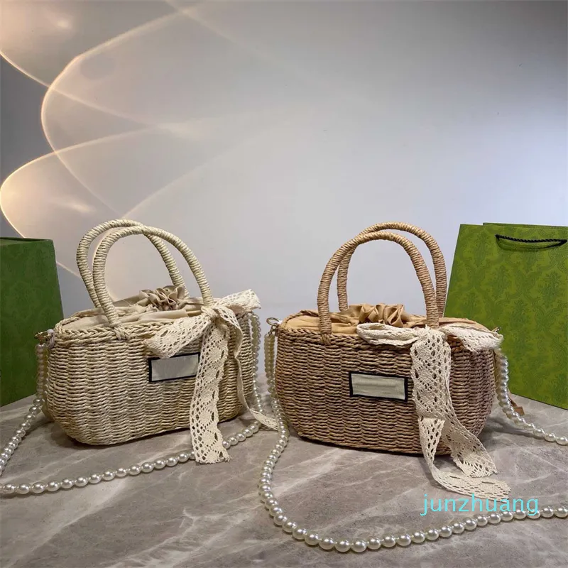 Designer - Borsa da donna in paglia con cestino di design Splendidamente progettata con un tocco retrò Borsa a tracolla in stile viaggio e vacanza Catena di perle