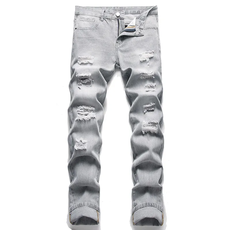 DHgate.com:Light Gray Slim Fit Ripped Denim Jeans | Spring \u0026 Autumn  Streetwear for Men:Apparel