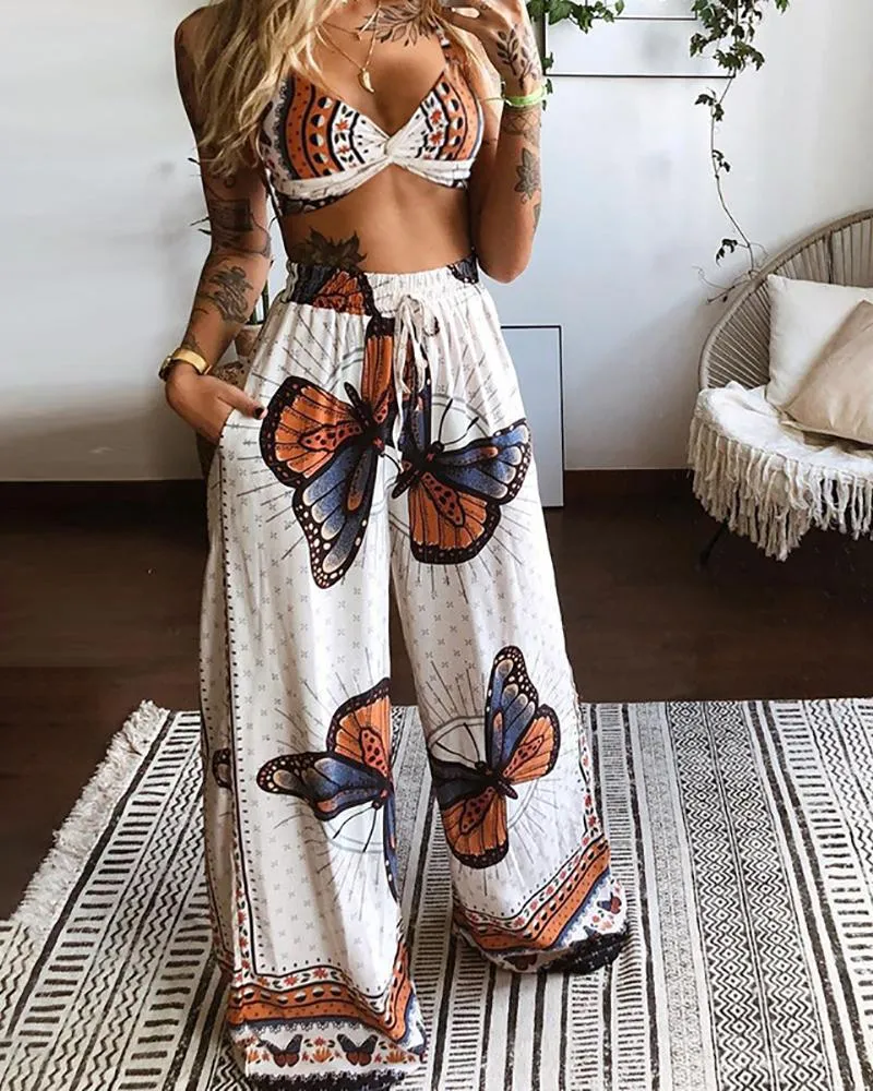 Damskie Dwie Kawałki Spodnie Letnie Kobiety V Neck Bez Rękawów Motyl Graficzny Drukuj Sexy Biały Crop Top High Waist Szerokie nogi Zestaw Kawałki