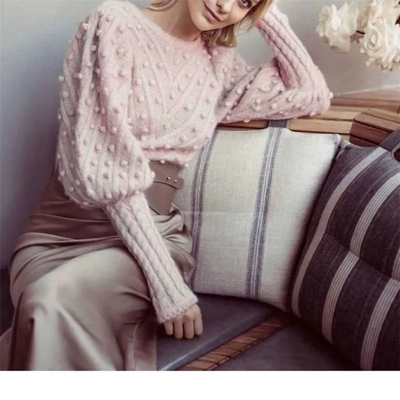 Women Sweater Spot Handmade Nail Ball Mohair Sweet Pink Lantern Sleeve Wool Sweater Female LJ201112