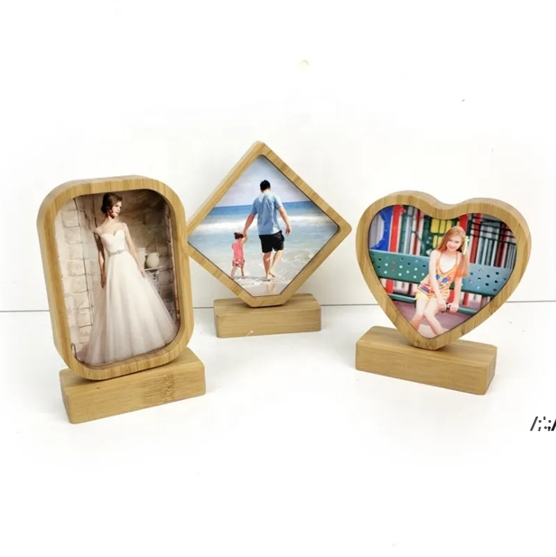 Sublimation Blanks Bamboo Photo Frames Double Sided Print Heart/Love/Round Shape With Magnetism MDF Insert Base Holder For Home RRA13232