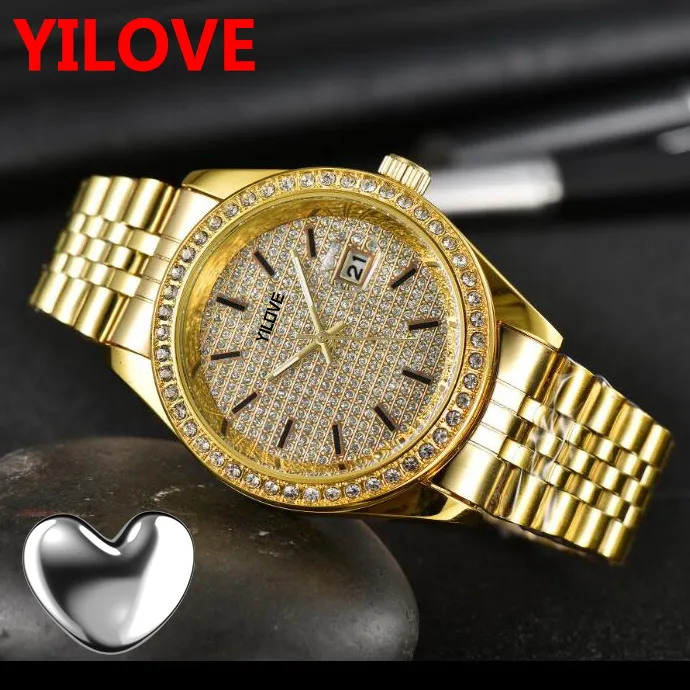 남자와 여자를위한 40mm 탑 디자이너 시계 다이아몬드 골드 스테인리스 스틸 방수 시계 웨딩 기념일 기념일 선물 선물 스포츠 손목 시계