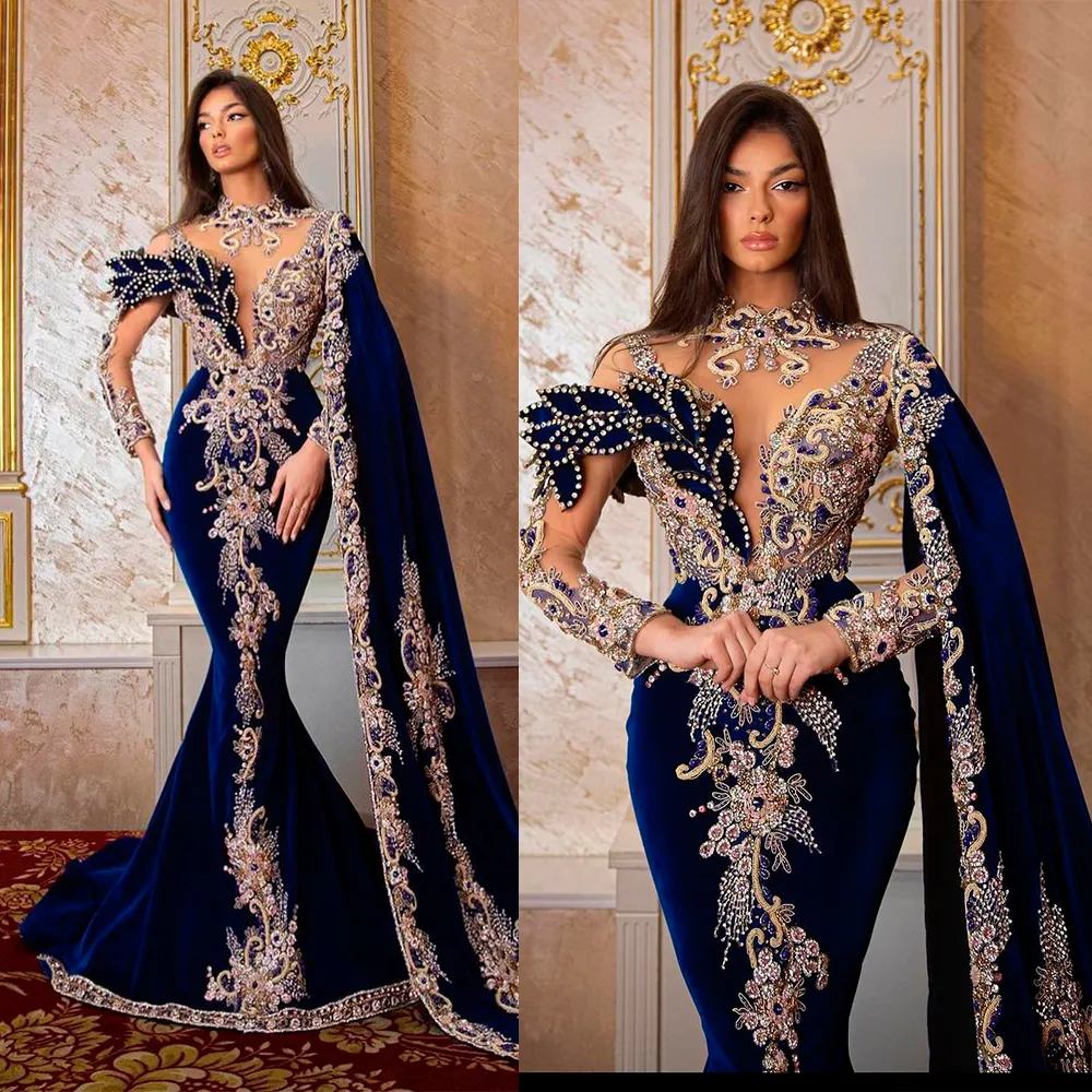 Elegantes blaues Abendkleid mit Pailletten, Stehkragen, Applikation, Spitze, Meerjungfrau, Satin, lange Ärmel, Abendkleider, durchsichtig, hohler Rücken, gerüscht, Party, Sondergröße D-L23695