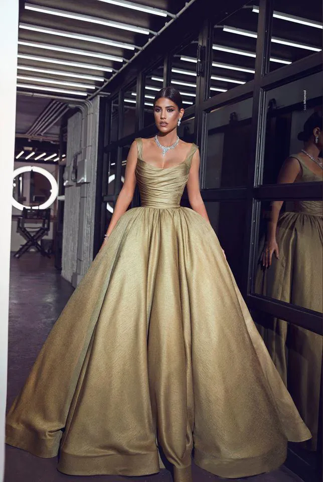 Gold Square Neck Floor Length Gold Long Formal Dress With Ruched