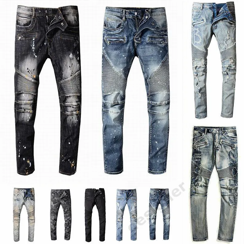 Denim Jeans najnowszy męski projektant Jean w trudnej sytuacji Ripped Biker Slim Fit motocykl rowerzystów Denim dla moda męska Mans czarne spodnie