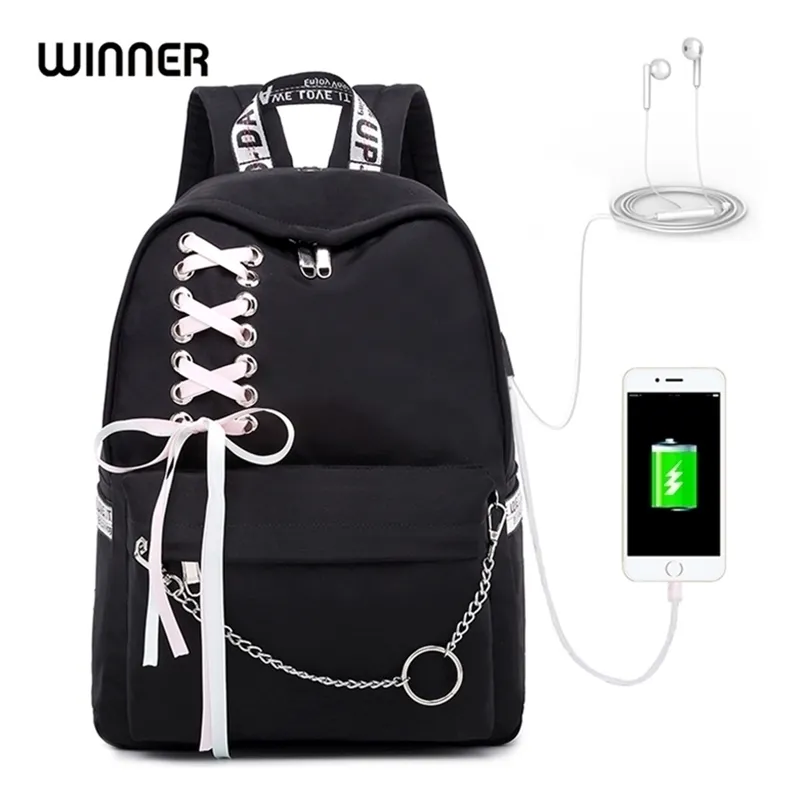 GANADOR Mochila impermeable para mujer Carga USB Escuela de impresión Mochila para portátil Mochila de viaje para mujer Mochila diaria Bolsas Kawai Y201224