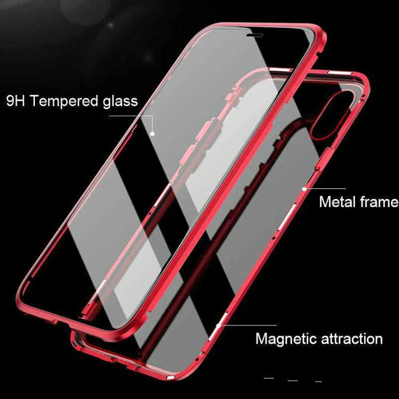 Ultra Slim Magnetic Adsorption Case Metal Frame Front and Back Tempered Glass Full Body Protective Case for Iphone XS Max XR 8 7