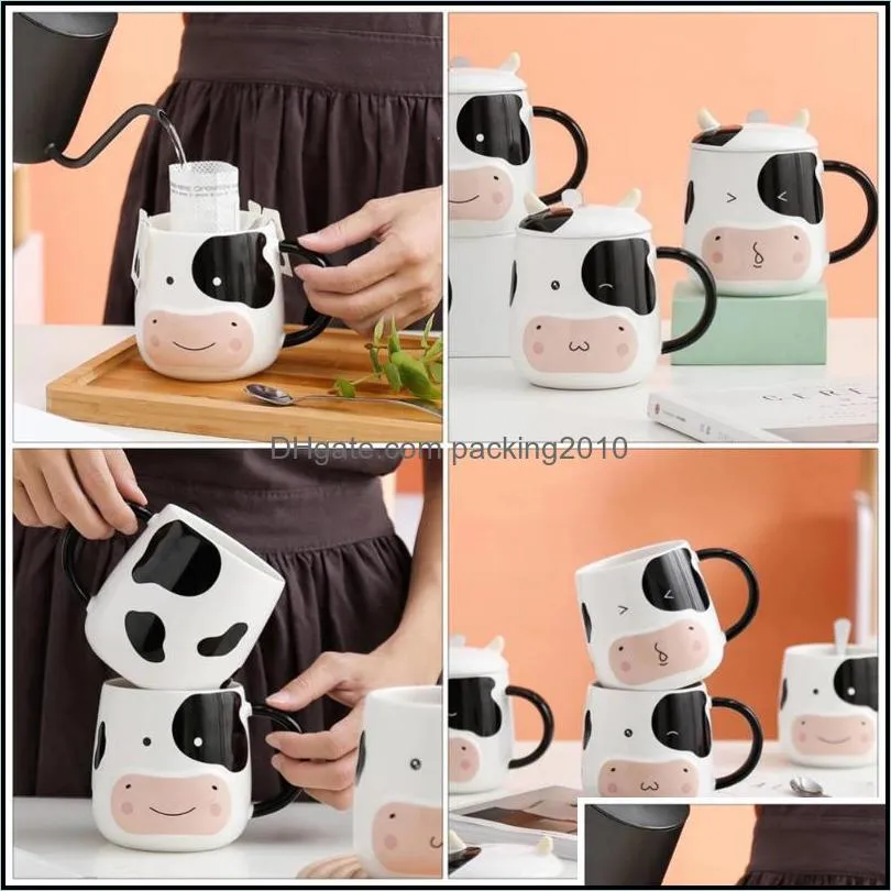 mugs 450ml ceramic cow coffee mug tea cup with lid and spoon for home office