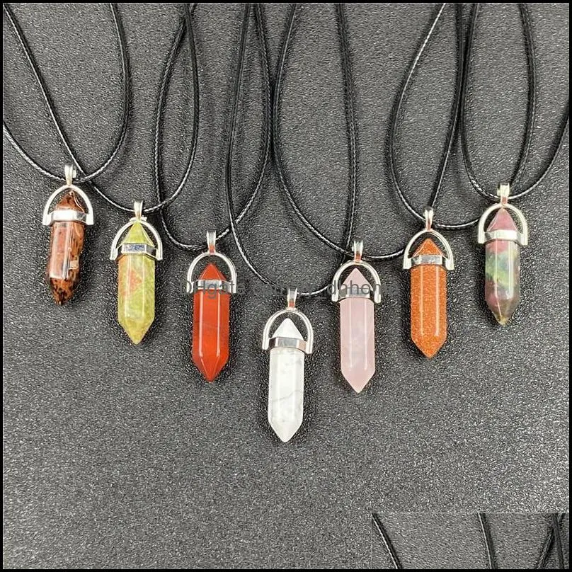 Pendant Necklaces Pendants Jewelry Healing Crystal Natural Stone Pillar Shape Charms Turquoise Tiger Eye Green Ros Dhn