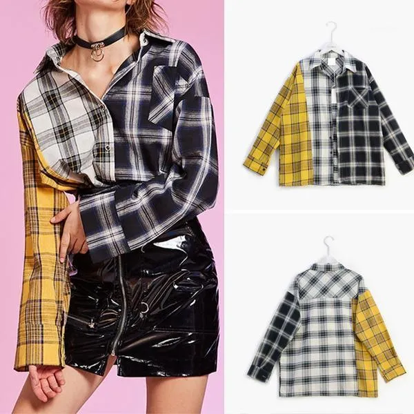 Mäns Casual T Shirts Koreanska versionen av Färg Matchande Plaid Kvinnor Designer Unisex Långärmad Skjorta Högkvalitativ stil Kläder