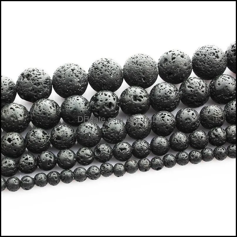 Stone Loose Beads Jewelry Black Lava Volcanics Round 16" Per Strand 6 8 10 12 Mm Pick Size For Dyi Making Drop Delivery 2021 Cdegn