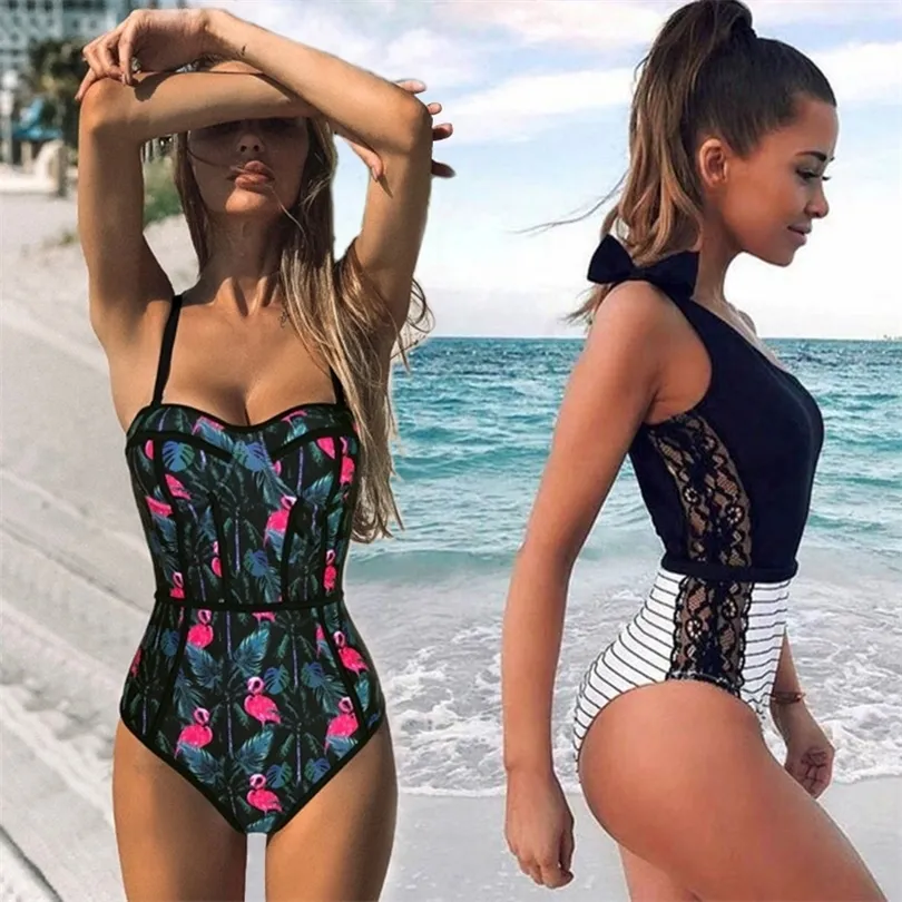 Badeanzug Sexy Cross Back Bademode Frauen Badeanzug Vintage Retro Badeanzüge Strand Tragen Schwimmen Print Monokini L T200114